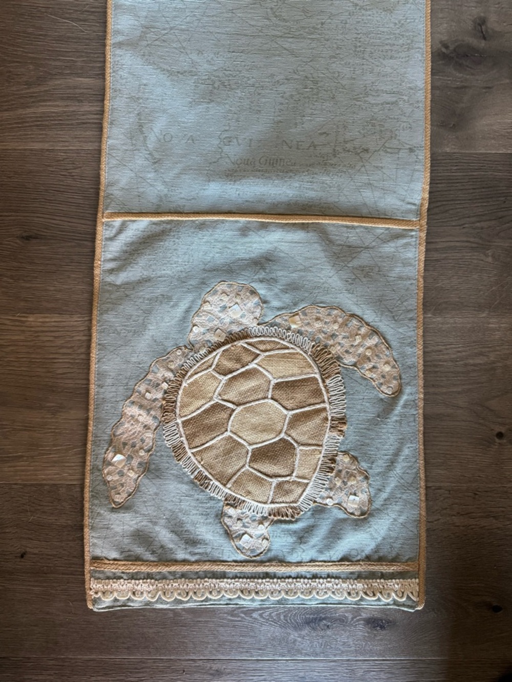 Pier 1 Aqua Blue Table Runner with Beaded Sea Turtle Natural Burlap Trim - Picture 3 of 9